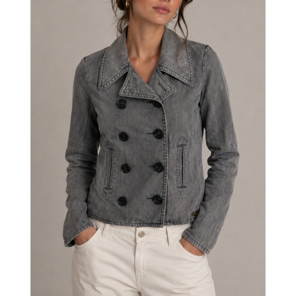 Denim & Supply Ralph Lauren Washed Gray Double Breasted Jean Denim Coat Peacoat